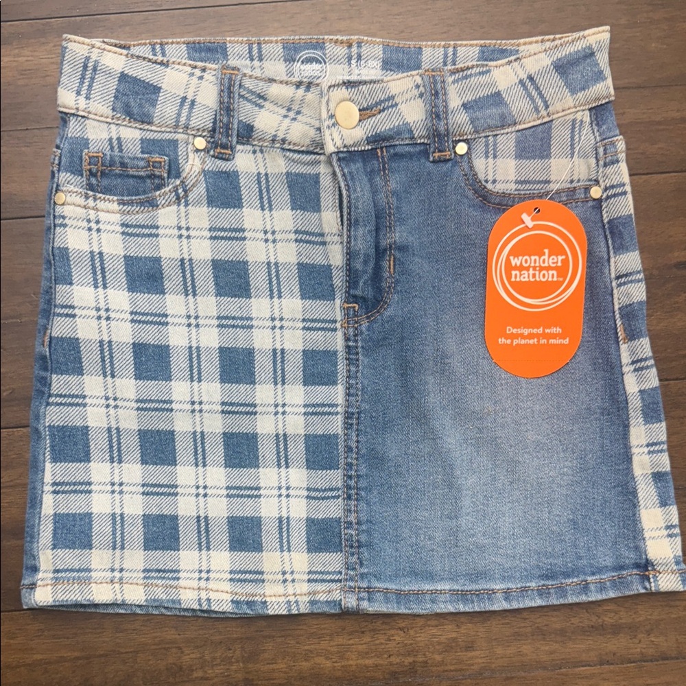 Wonder Nation Blue Plaid and Denim Skirt